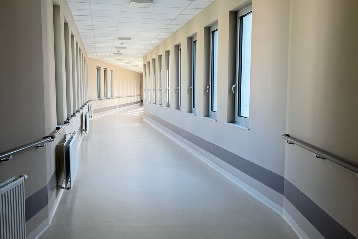 A bright hospital corridor